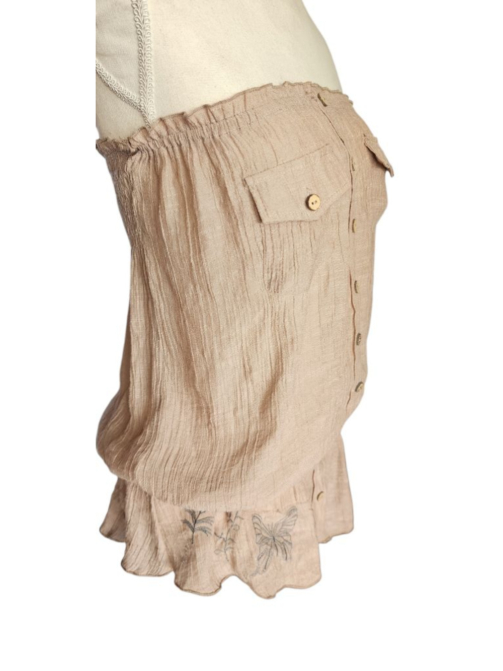Mine Womens L Strapless Tube Top Beige Butterfly Embroidered Button Front NWOT - Picture 2 of 11
